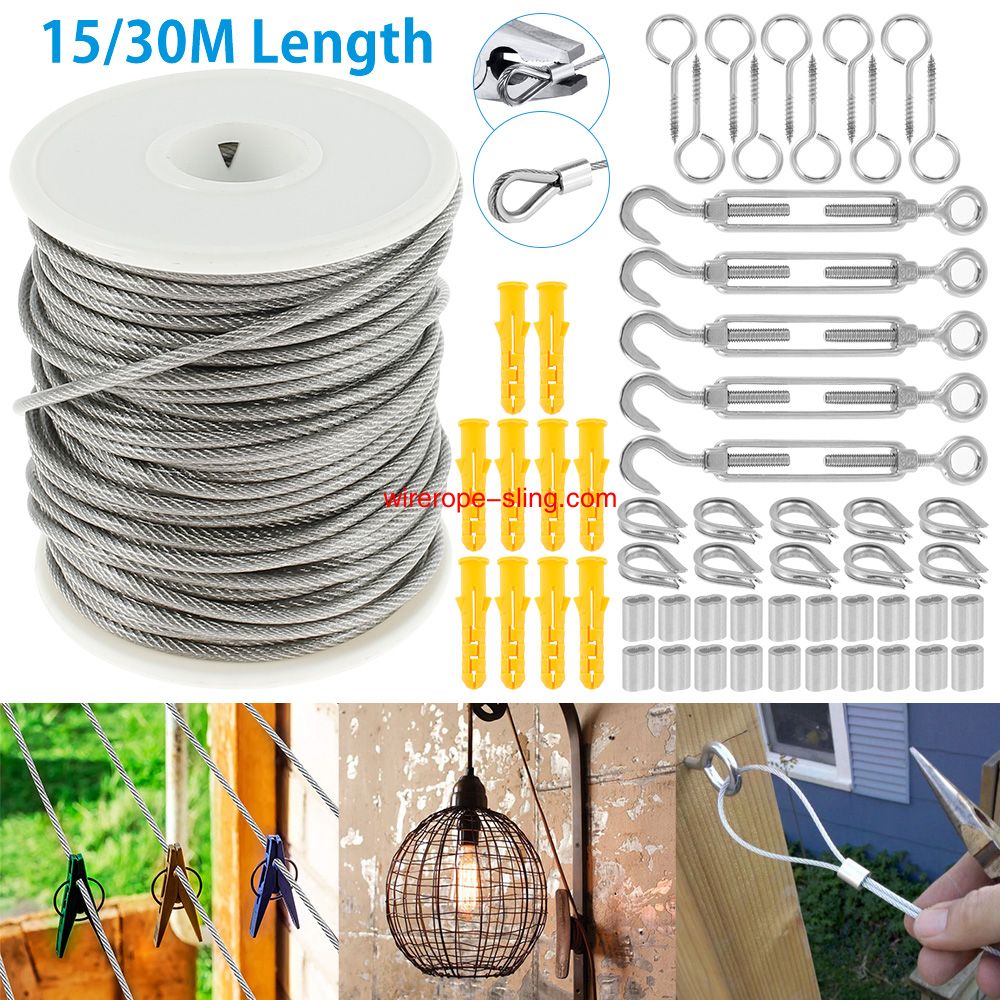 15m / 30m image câble métallique rail à main Kit Garden Heavy Duty Screw Eye Screw snap Wire Tensioner Filter Screen Coated cable