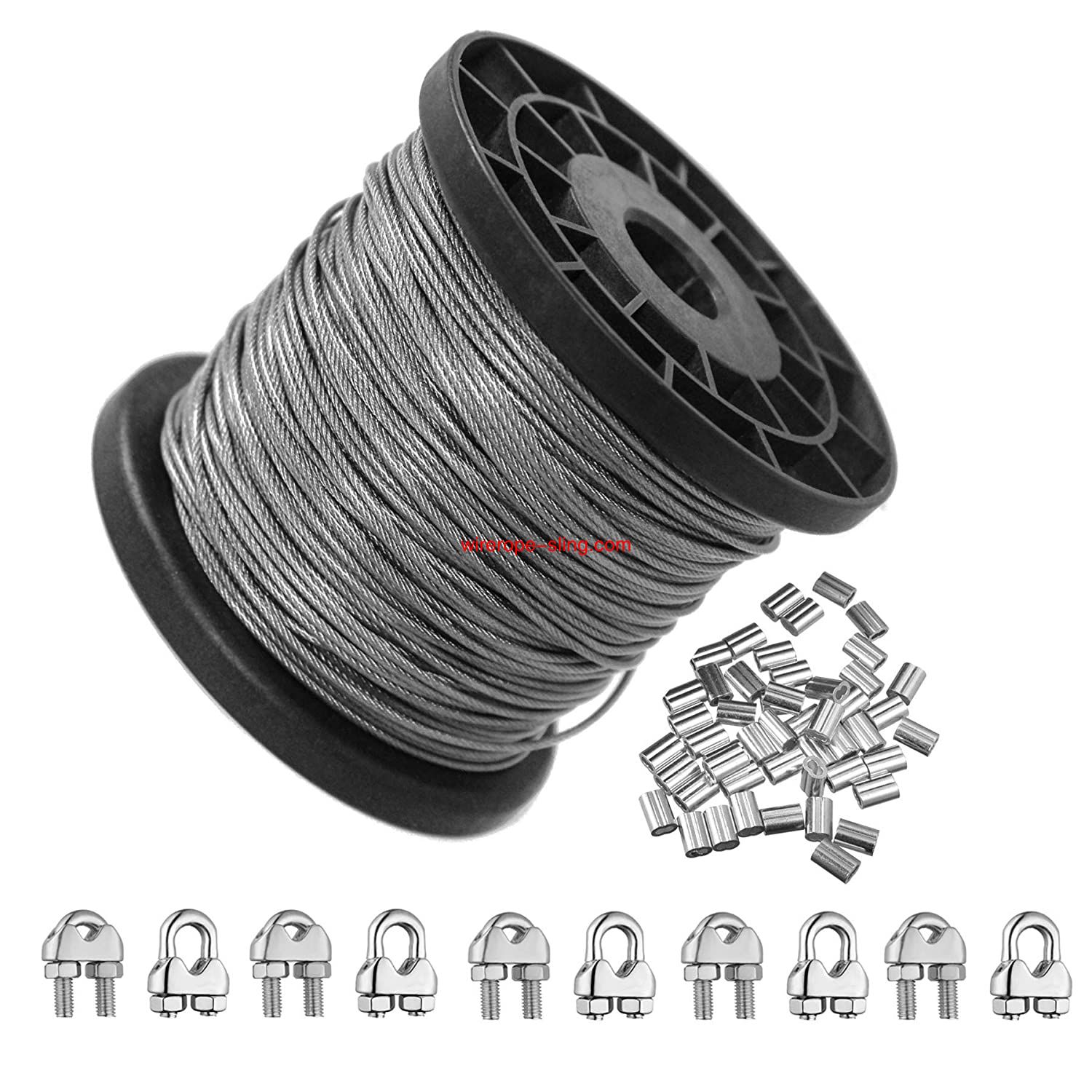 1 / 16 inch VINYL COATED steel rope Kit, 330 ft Stainless Steel 304 steel rope with 50 Aluminum sertissage Rings and 10 clamps