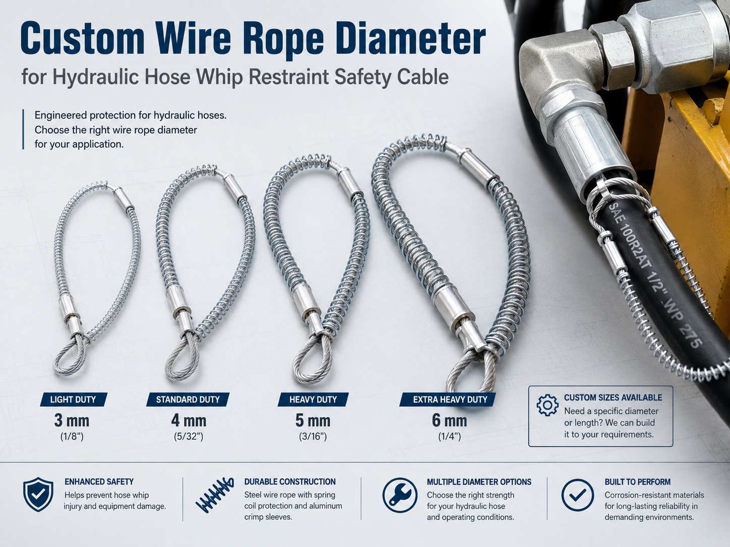 Custom wire rope diameter for retenue fouet tuyau hydraulique safety cable Custom wire rope diameter for retenue fouet tuyau hydraulique safety cable