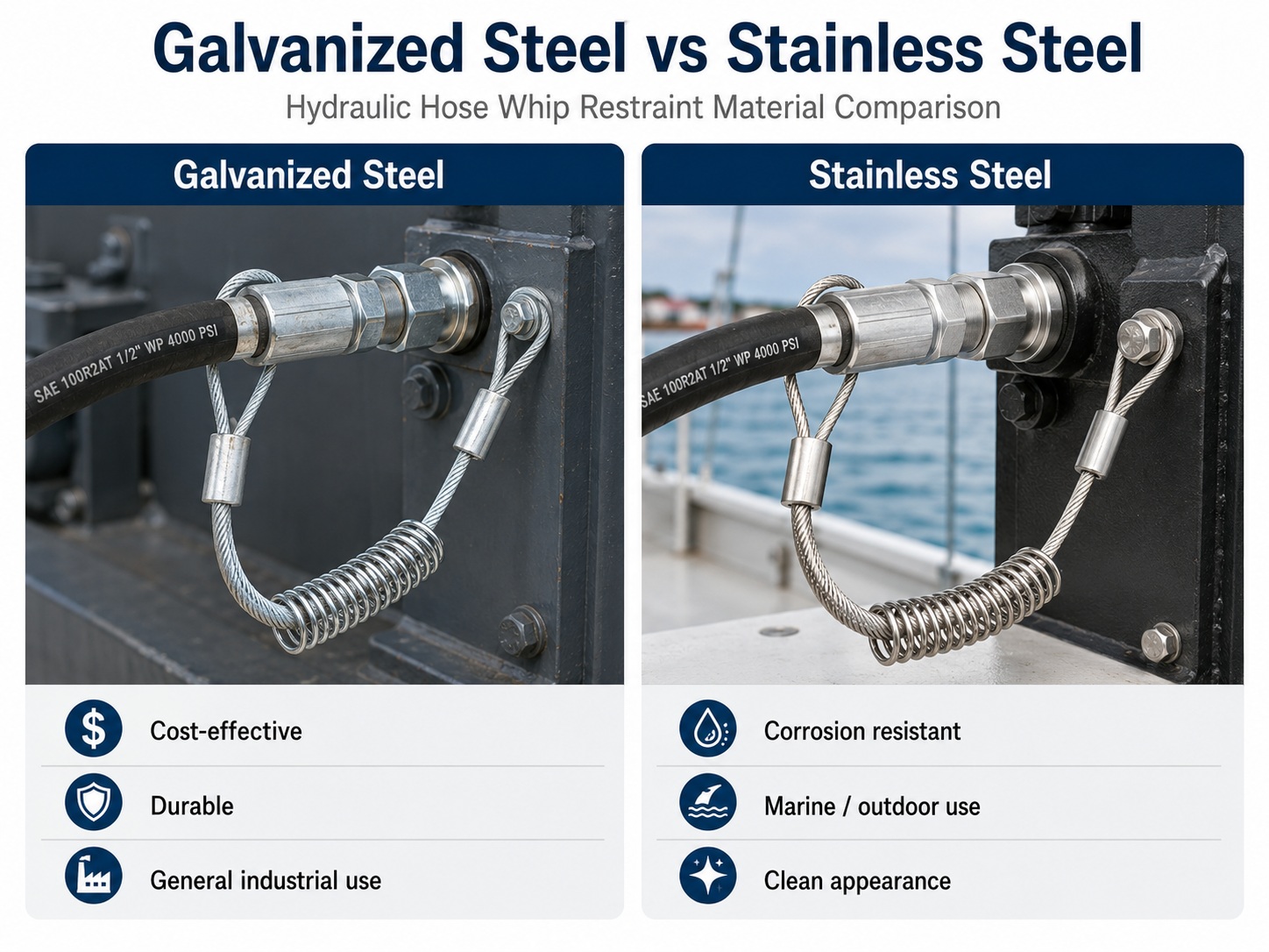 Galvanized steel and stainless steel retenue fouet tuyau hydraulique material comparison Galvanized steel and stainless steel retenue fouet tuyau hydraulique material comparison
