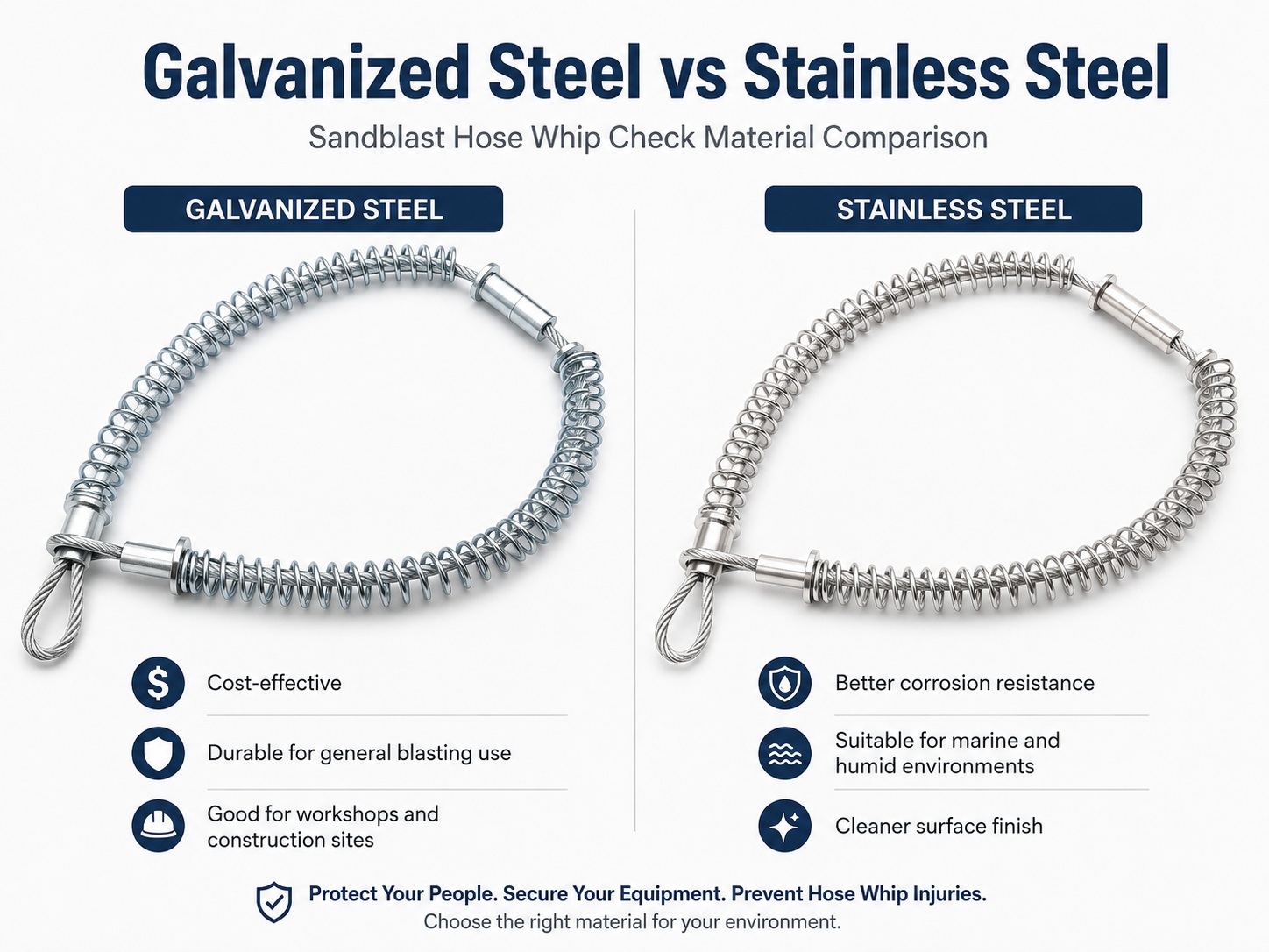 Galvanized steel and stainless steel sVérification du fouet du tuyau andblast material comparison Galvanized steel and stainless steel sVérification du fouet du tuyau andblast material comparison
