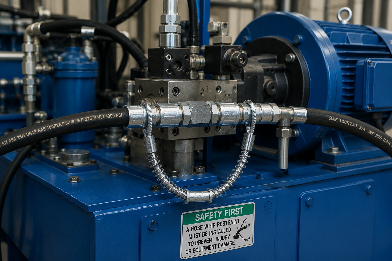 Haut pressure hose restraint installed on industrial hydraulic power unit Haut pressure hose restraint installed on industrial hydraulic power unit