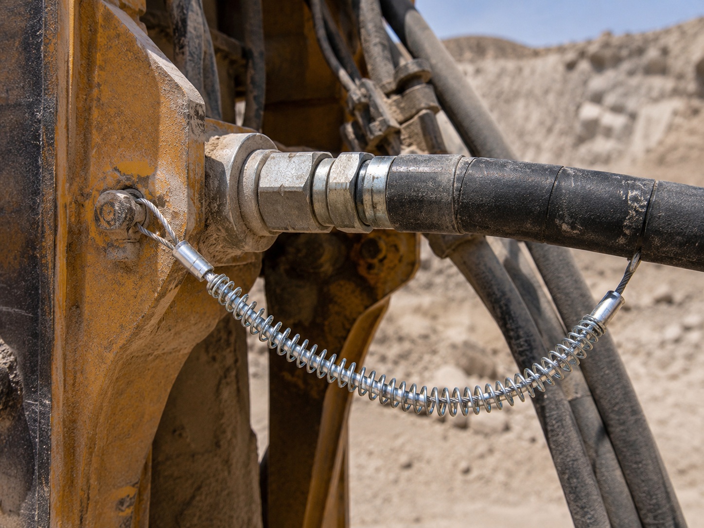 Mining retenue fouet tuyau hydraulique installed on heavy equipment hose connection Mining retenue fouet tuyau hydraulique installed on heavy equipment hose connection